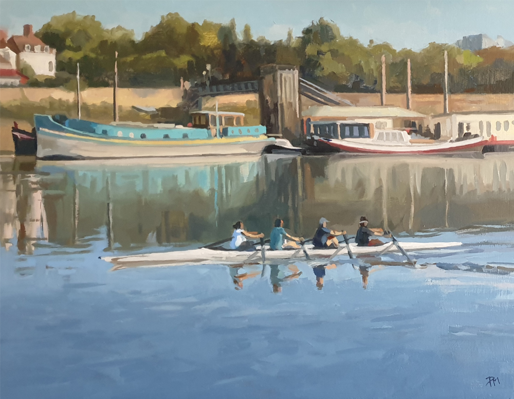 Rowers on the River Thames at Hammersmith is an original oil painting by Hampshire artist Paula Mitchell